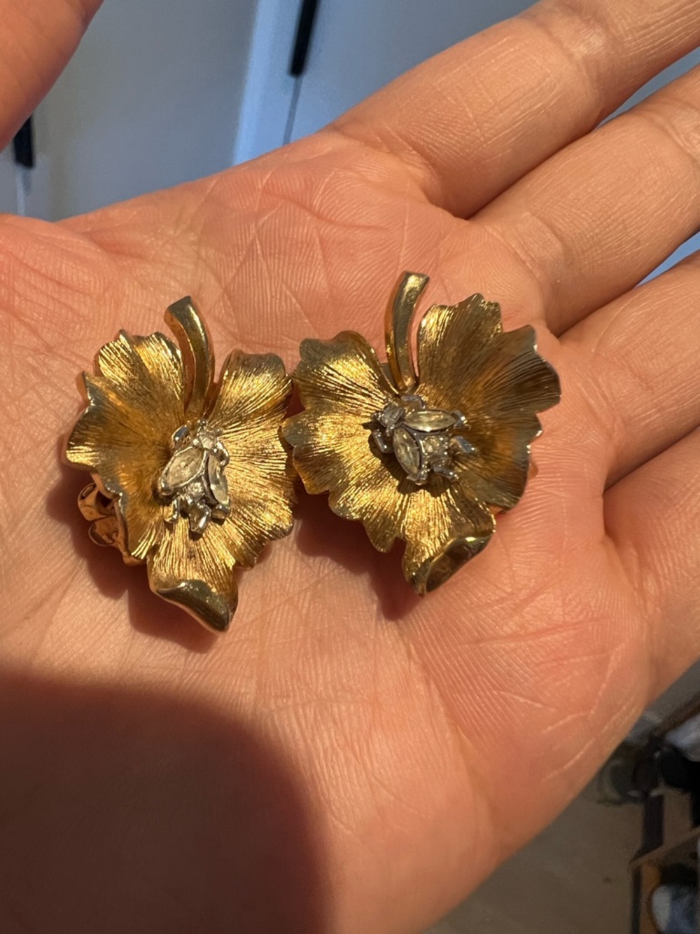 Vintage 1960s Trifari Gold Plated “Bug on a Leaf” Floral Rhinestone Dress Clips